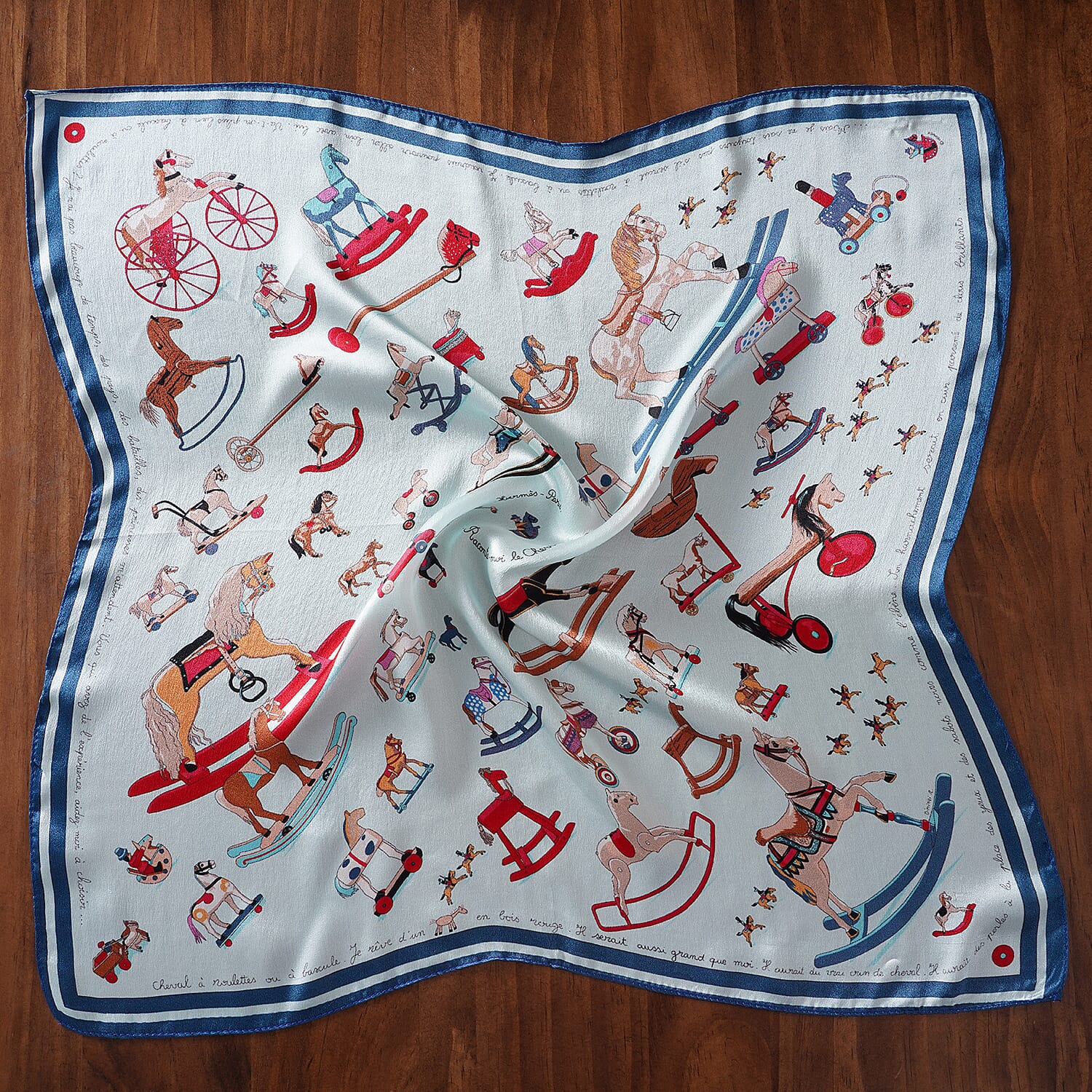 LA MAREY 100% Mulberry Silk Wooden Rocking Horse Pattern Scarf (Size 52 Cm) - Mint and Multi