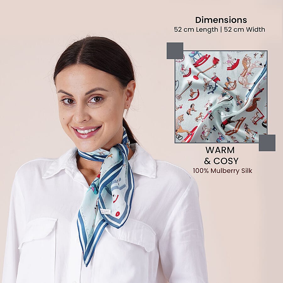 LA MAREY 100% Mulberry Silk Wooden Rocking Horse Pattern Scarf (Size 52 Cm) - Mint and Multi