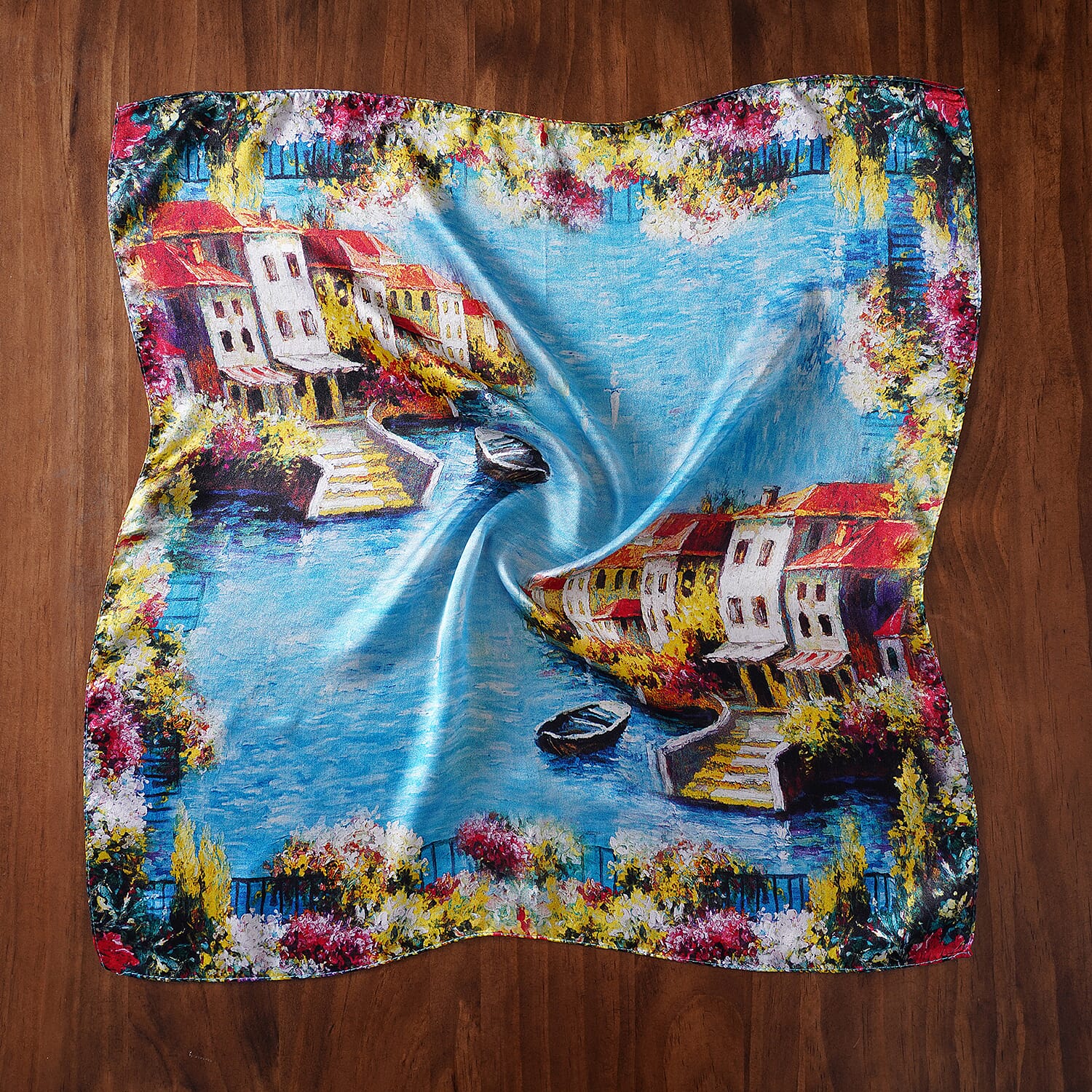 LA MAREY 100% Mulberry Sea Side Pattern Silk Scarf (Size 52 Cm) - Blue and Multi