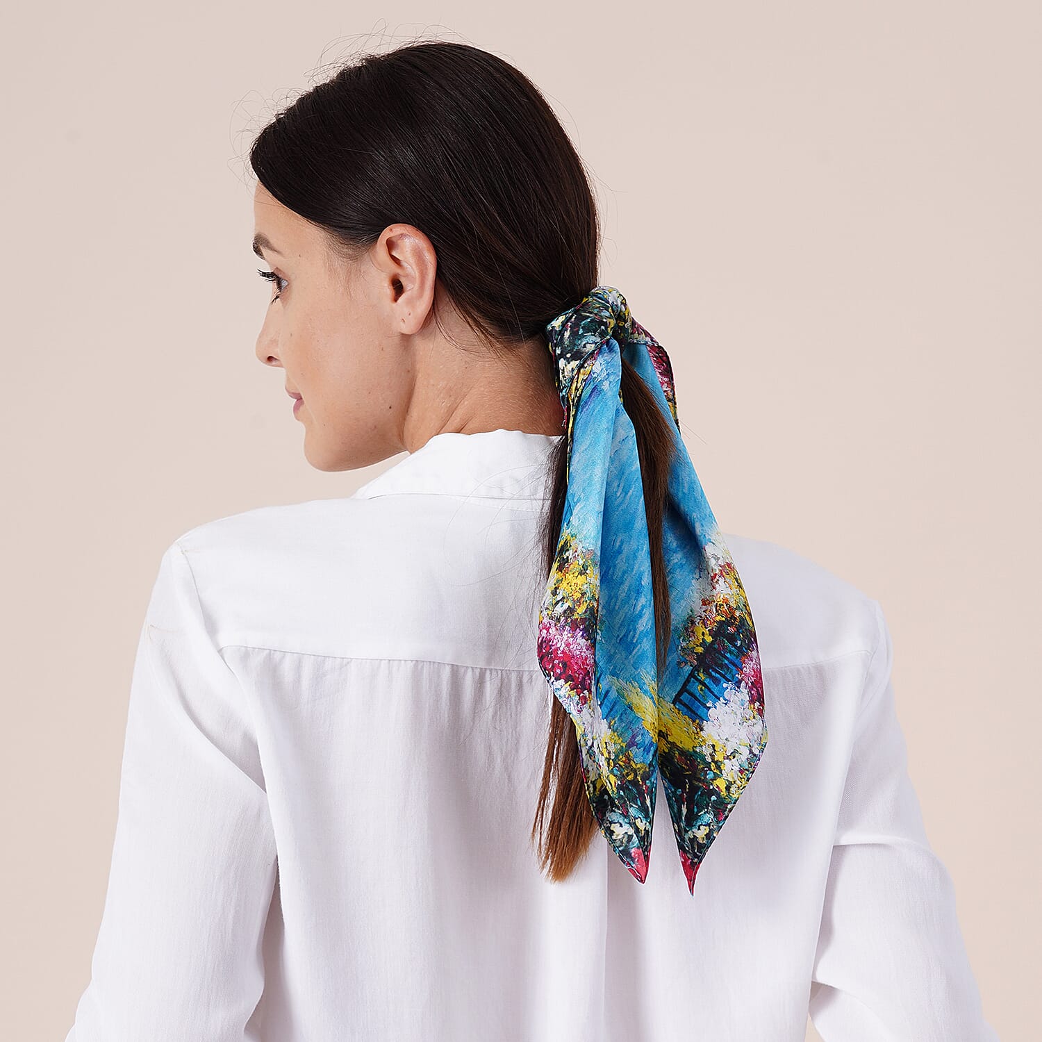 LA MAREY 100% Mulberry Sea Side Pattern Silk Scarf (Size 52 Cm) - Blue and Multi