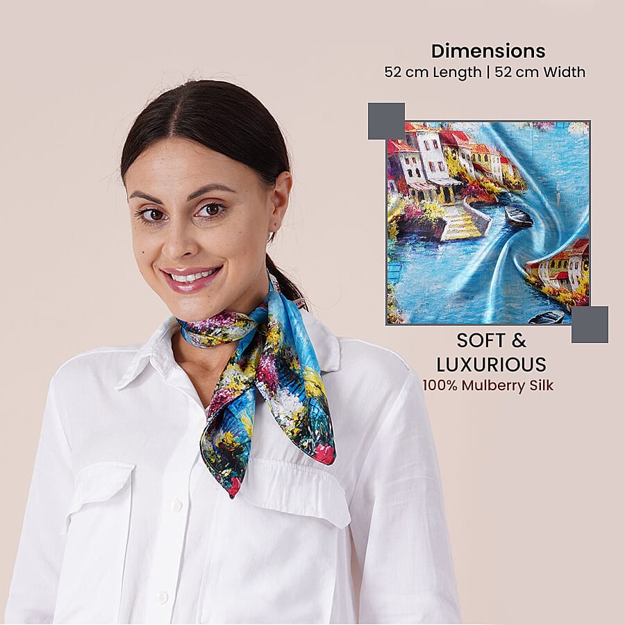 LA MAREY 100% Mulberry Sea Side Pattern Silk Scarf (Size 52 Cm) - Blue and Multi