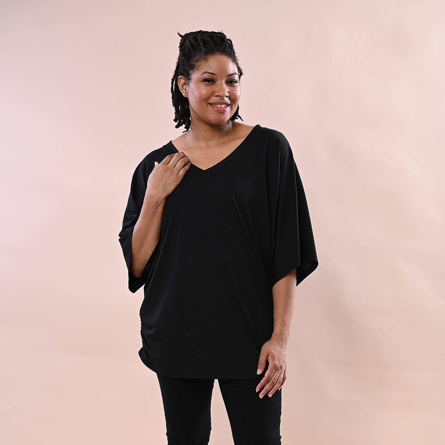 TAMSY V-Neck Knitted Drape Top (Size 10-18) - Black