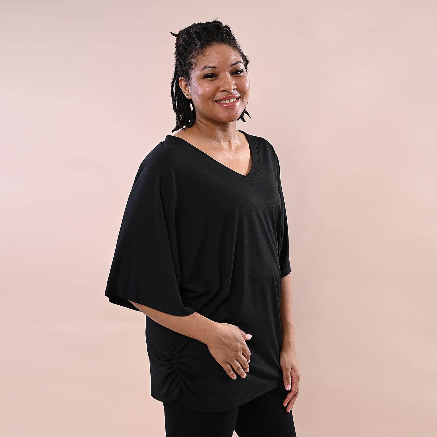 TAMSY V-Neck Knitted Drape Top (Size 10-18) - Black