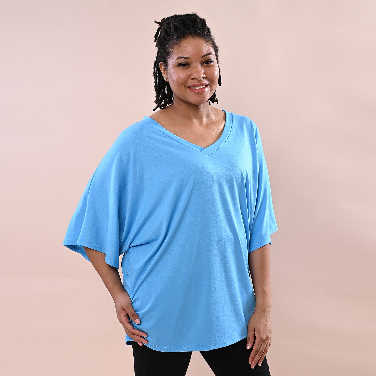 TAMSY V-Neck Knitted Drape Top (Size 10-18) - Blue