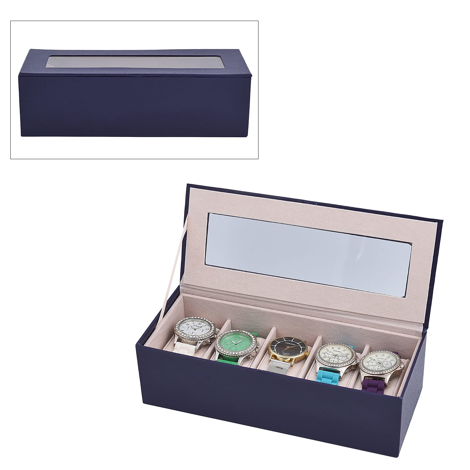 5 Slot Watch Box with Transparent Window - Navy Blue Colour