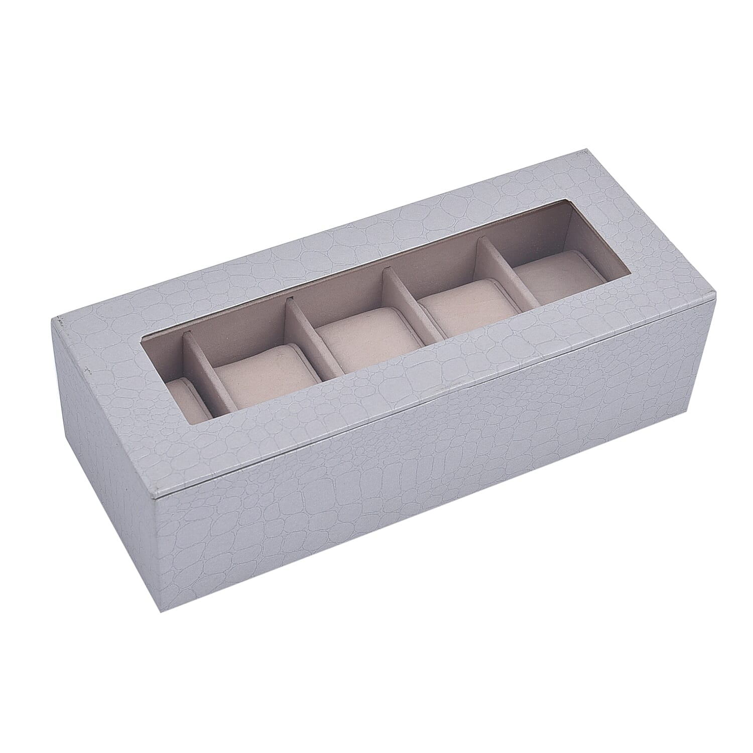 5 Slot Watch Box with Transparent Window (Size 25x10x7Cm) - Silver Colour