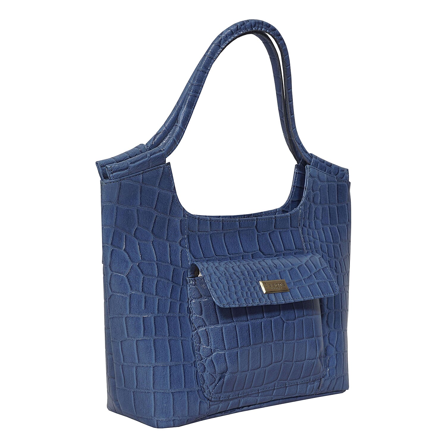 ASSOTS LONDON Amanda Genuine Leather Croc Embossed Tote Bag (Size 26x20x9 Cm) - Blue