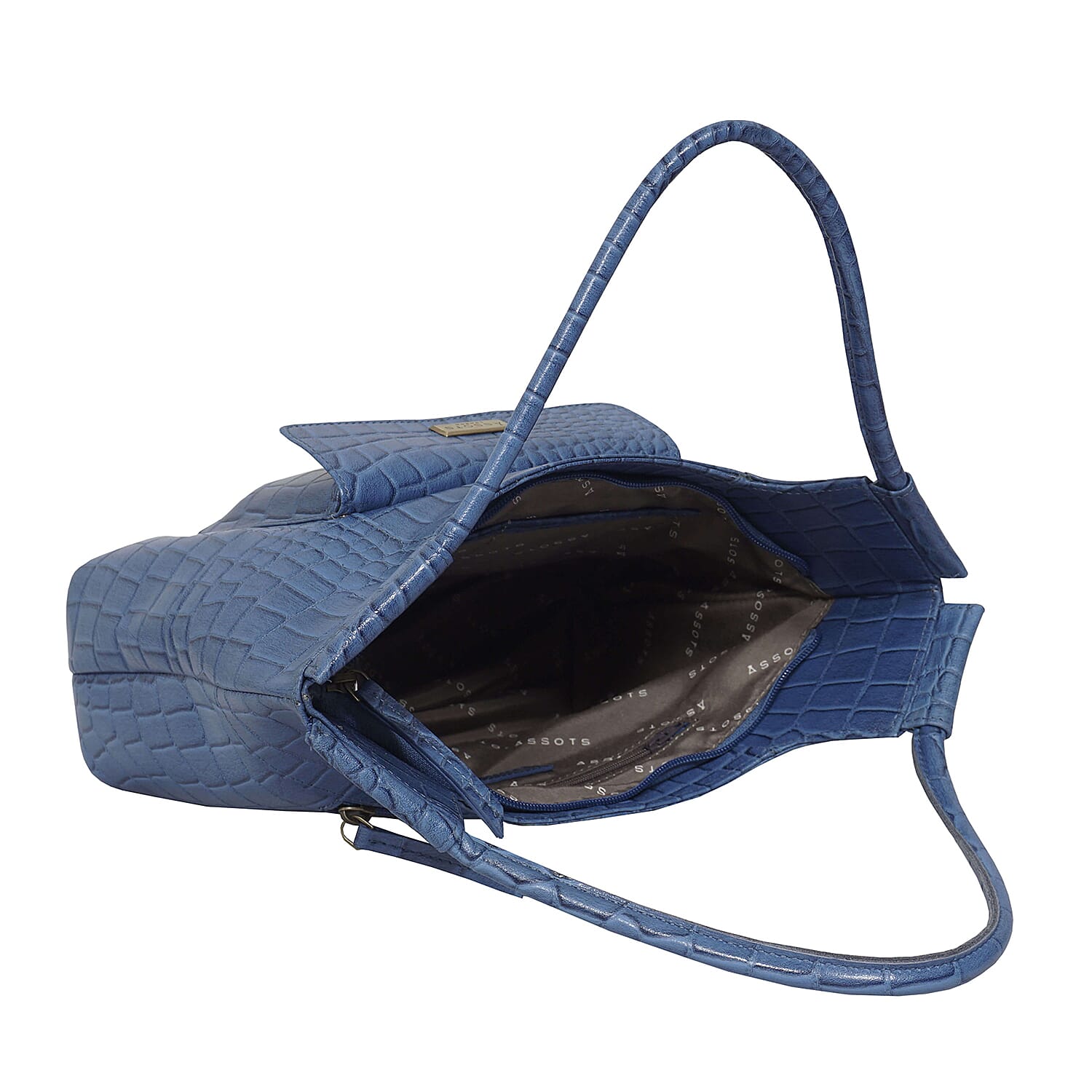 ASSOTS LONDON Amanda Genuine Leather Croc Embossed Tote Bag (Size 26x20x9 Cm) - Blue