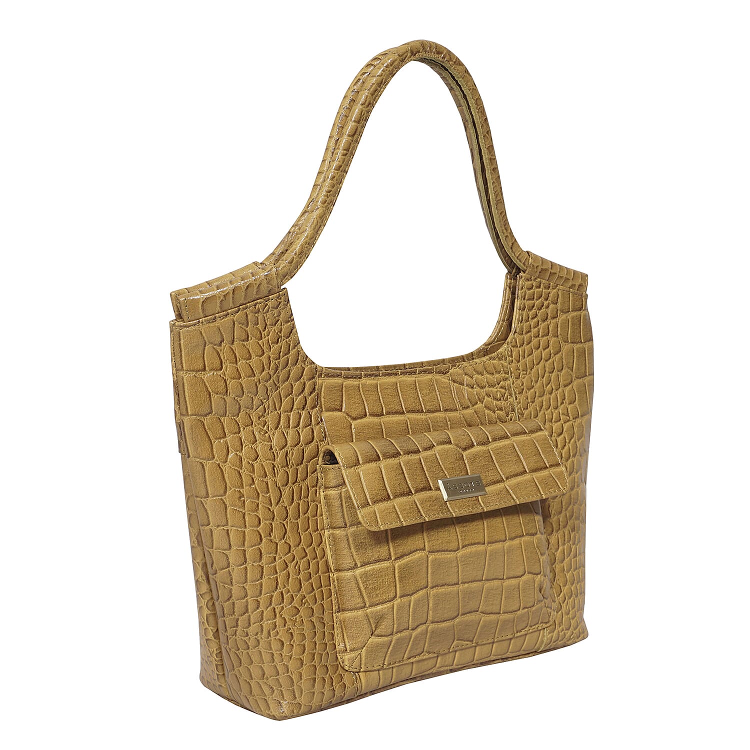 ASSOTS LONDON Amanda Genuine Leather Croc Embossed Tote Bag (Size 26x20x9 Cm) - Mustard