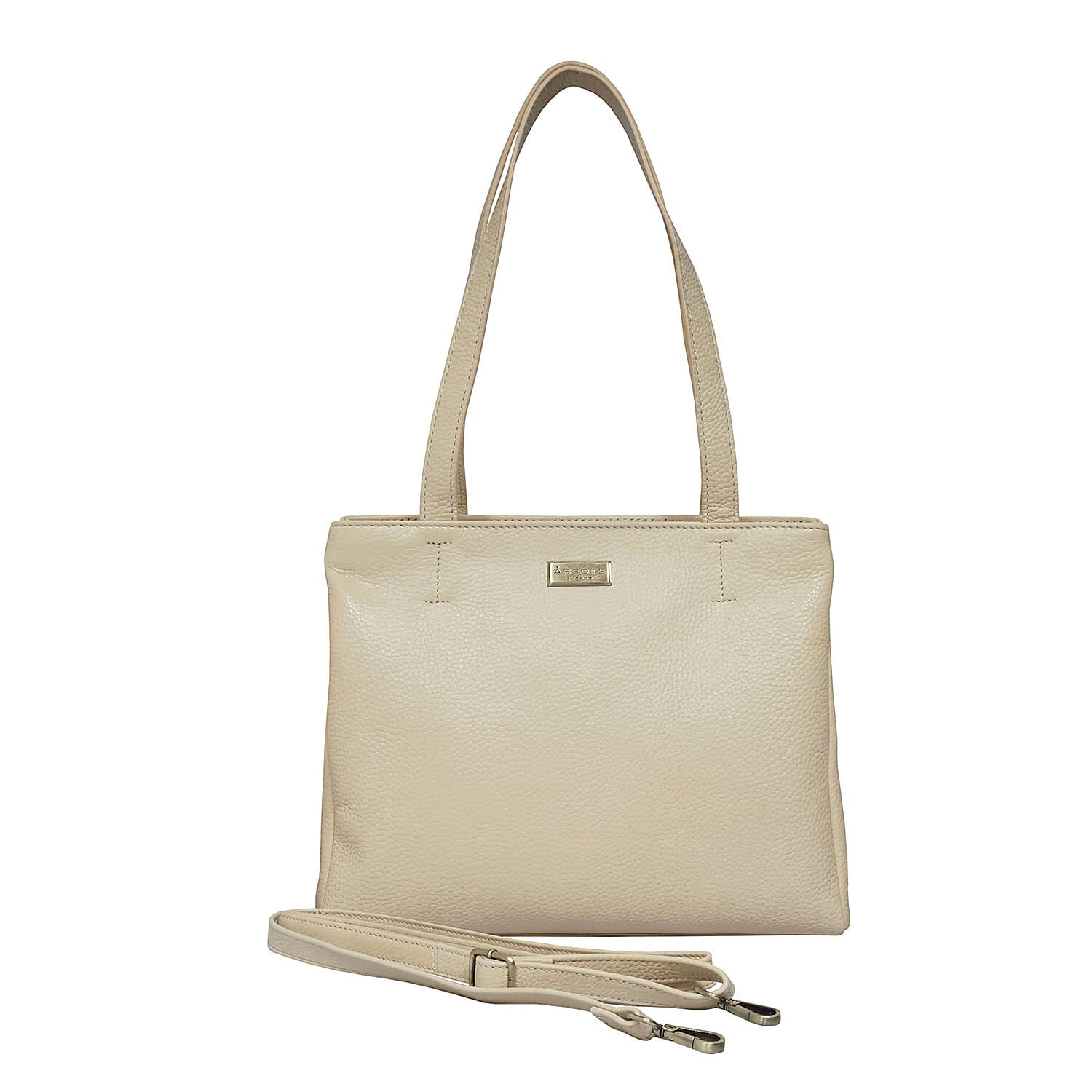 ASSOTS LONDON Debra Genuine Pebble Grain Leather Double Compartment Shoulder Handbag (Size 27x22x7Cm) - Cream