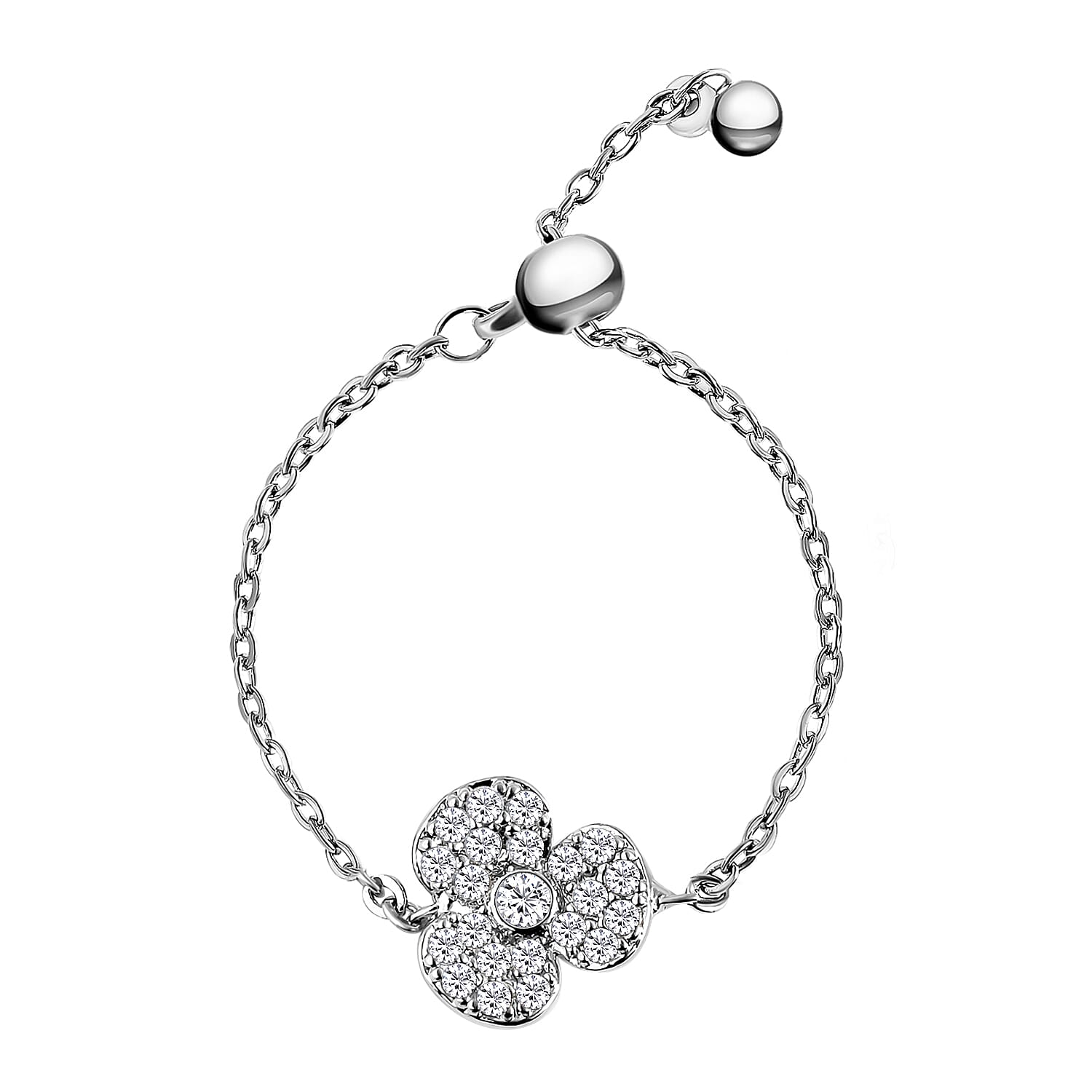 Simulated Diamond Floral Adjustable (Size I-U ) Bolo Ring in Silver Tone