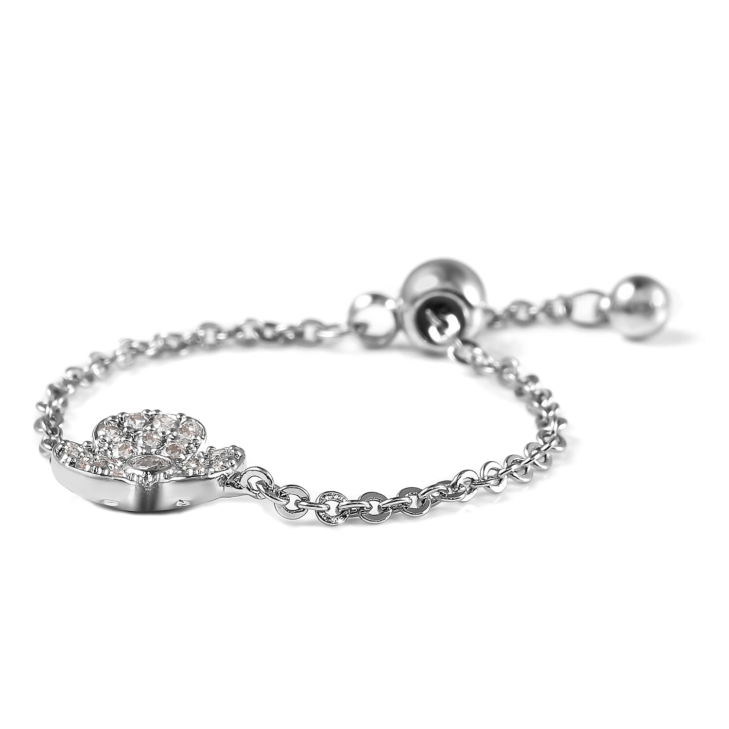 Simulated Diamond Floral Adjustable (Size I-U ) Bolo Ring in Silver Tone