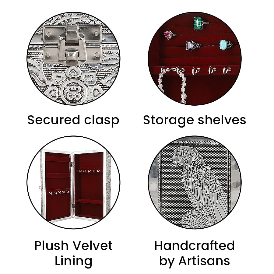 Handcrafted Parrot Embossed Jewellery Armoire with Velvet Lining and Clasp