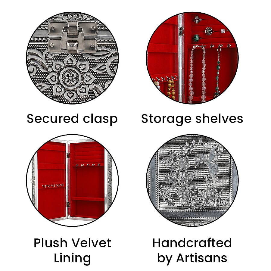 Handcrafted Hummingbird Embossed Jewellery Armoire with Velvet Lining and Clasp (Size 33x18x7Cm)