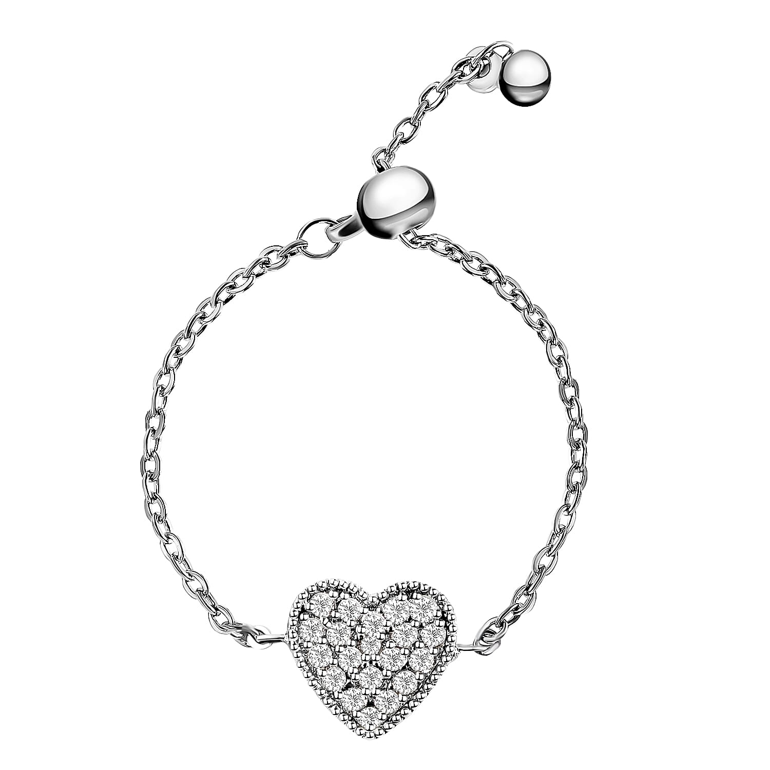 Simulated Diamond Heart Adjustable ( Size  I- U )Bolo Ring in Silver Tone