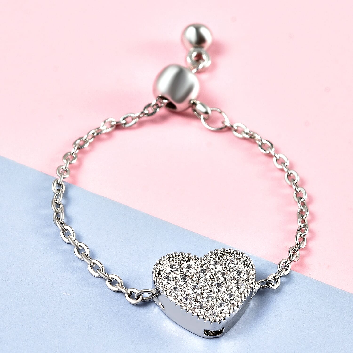 Simulated Diamond Heart Adjustable ( Size  I- U )Bolo Ring in Silver Tone