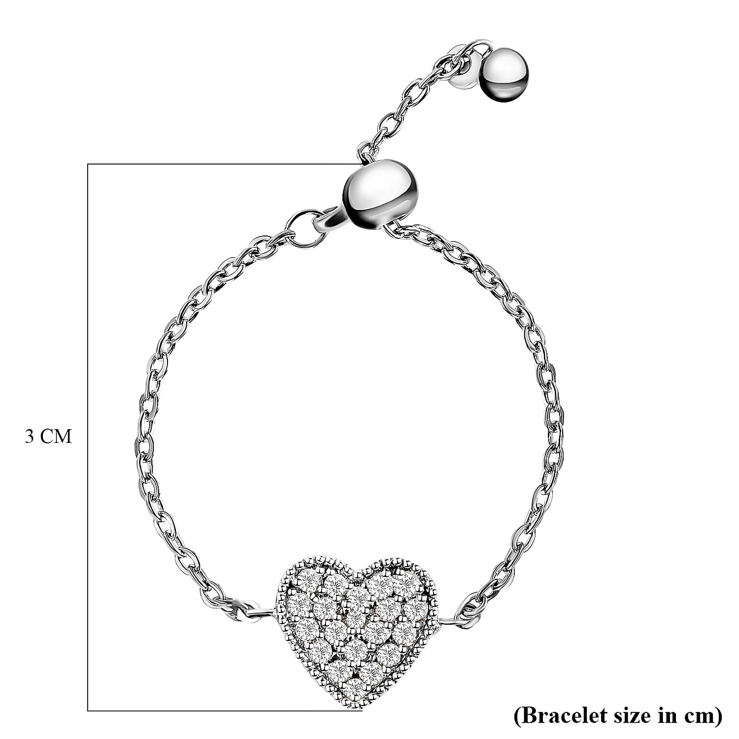 Simulated Diamond Heart Adjustable ( Size  I- U )Bolo Ring in Silver Tone