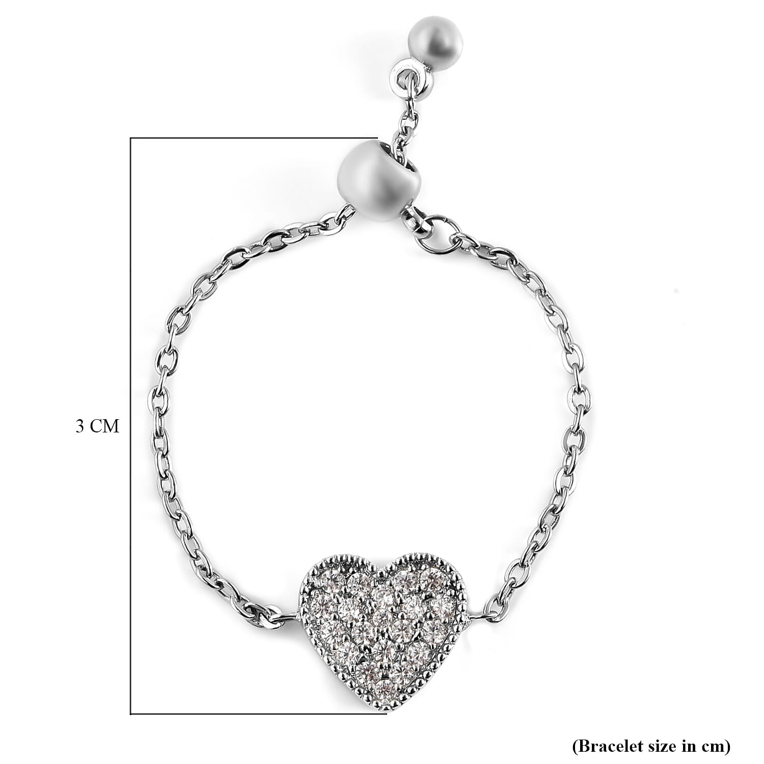 Simulated Diamond Heart Adjustable ( Size  I- U )Bolo Ring in Silver Tone