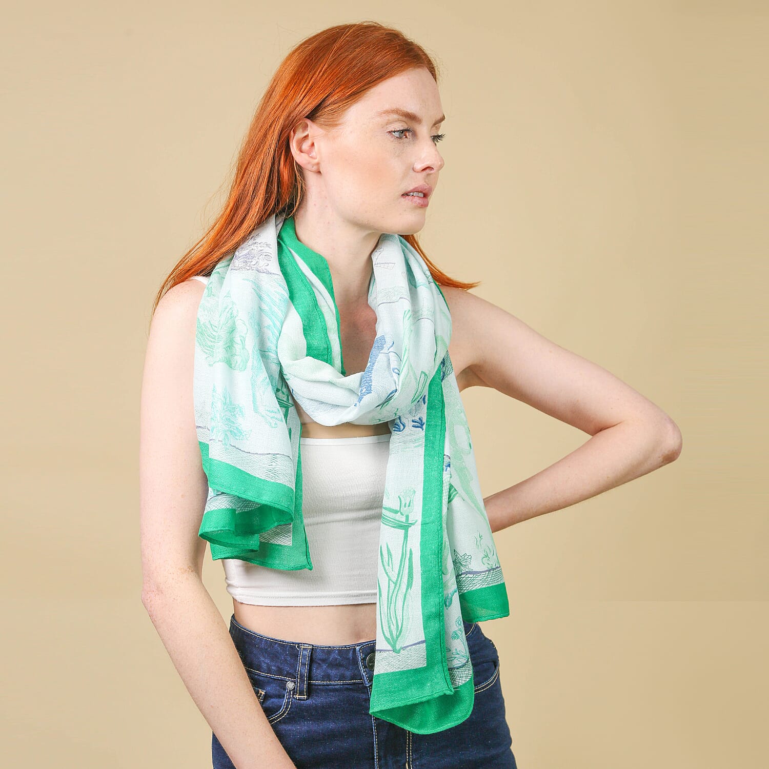 JOVIE 100% Viscose Printed Scarf (Size-180x85Cm) - Mint and Green