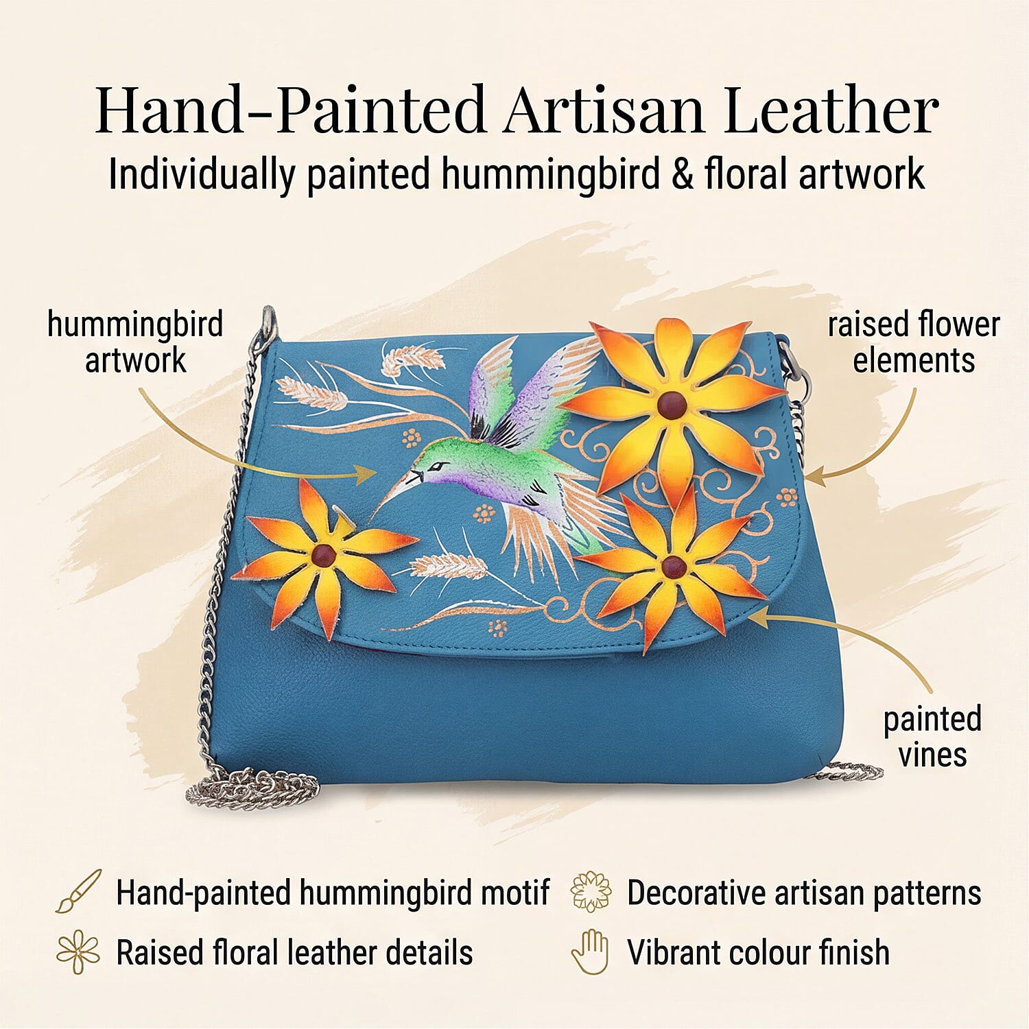 THE HANDCRAFTED LUXURY - Sukriti 100% Genuine Leather Handpainted Shoulder Bag - Blue