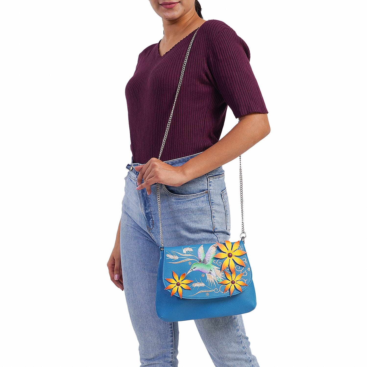 THE HANDCRAFTED LUXURY - Sukriti 100% Genuine Leather Handpainted Shoulder Bag - Blue