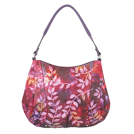 SUKRITI 100% Genuine Leather Tie Dye Leaves Print Hobo Shoulder Bag - Purple