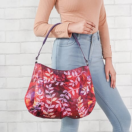 SUKRITI 100% Genuine Leather Tie Dye Leaves Print Hobo Shoulder Bag - Purple