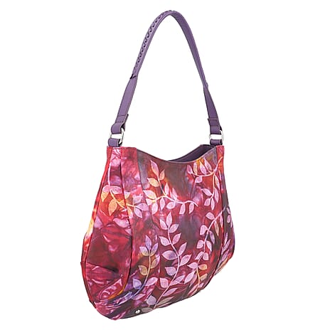 SUKRITI 100% Genuine Leather Tie Dye Leaves Print Hobo Shoulder Bag - Purple