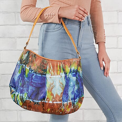SUKRITI 100% Genuine Leather Tie Dye Print Hobo Shoulder Bag - Multicolor