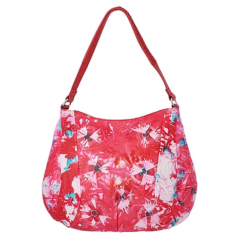 SUKRITI 100% Genuine Leather Tie Dye Floral Print Hobo Shoulder Bag - Red