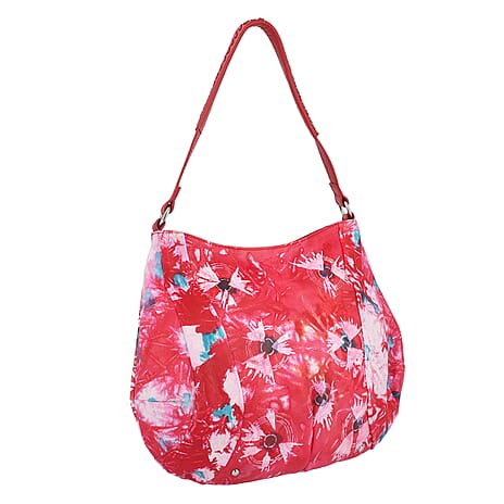 SUKRITI 100% Genuine Leather Tie Dye Floral Print Hobo Shoulder Bag - Red