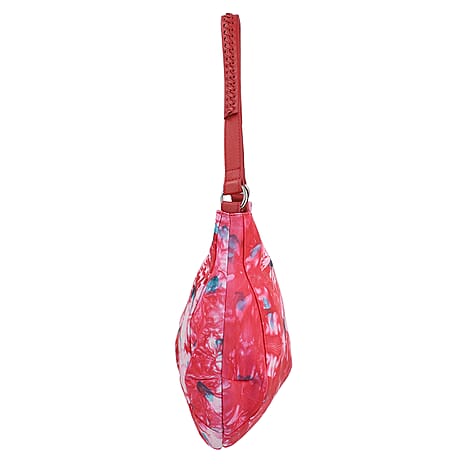 SUKRITI 100% Genuine Leather Tie Dye Floral Print Hobo Shoulder Bag - Red