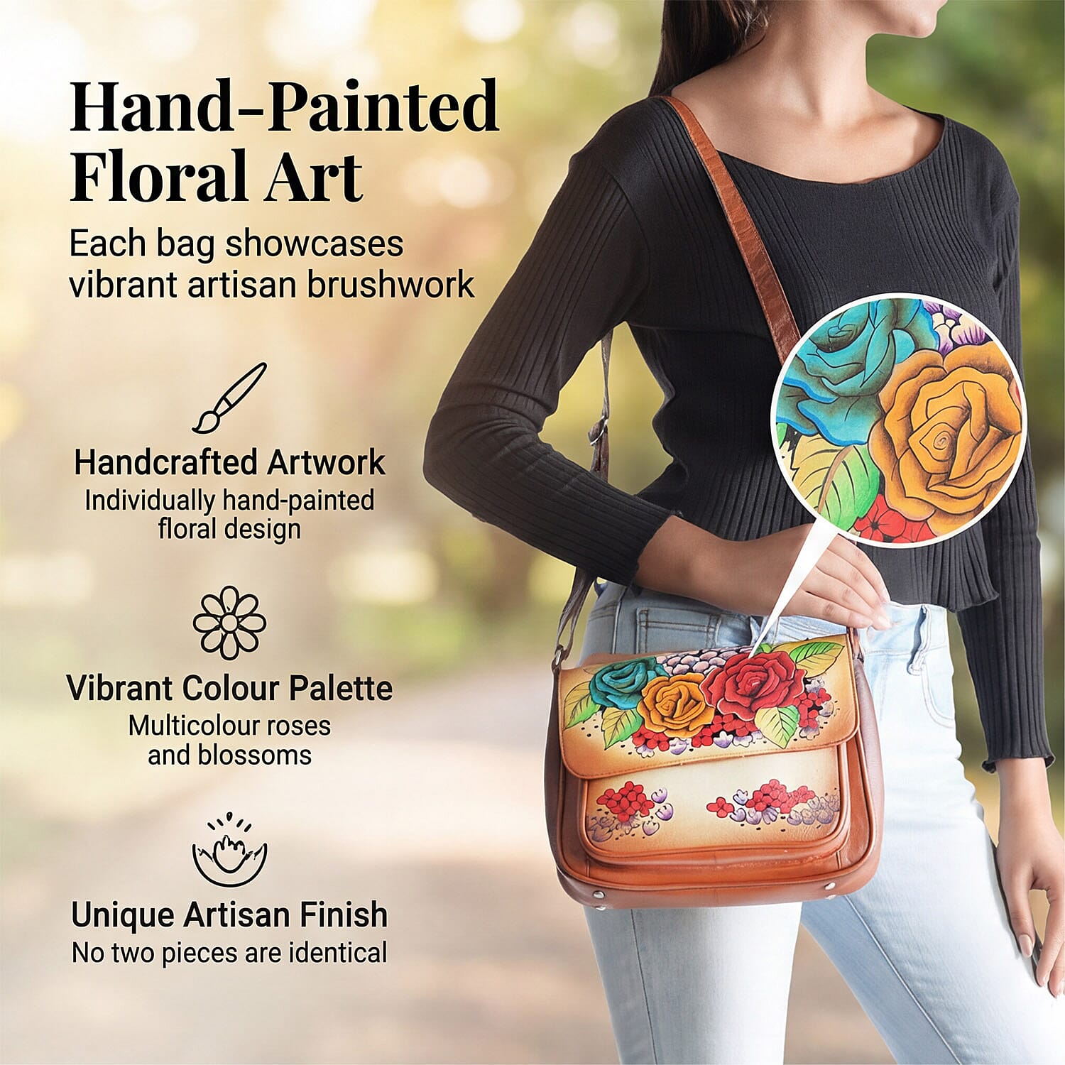 THE HANDCRAFTED LUXURY - Sukriti 100% Genuine Leather Handpainted Shoulder Bag - Tan