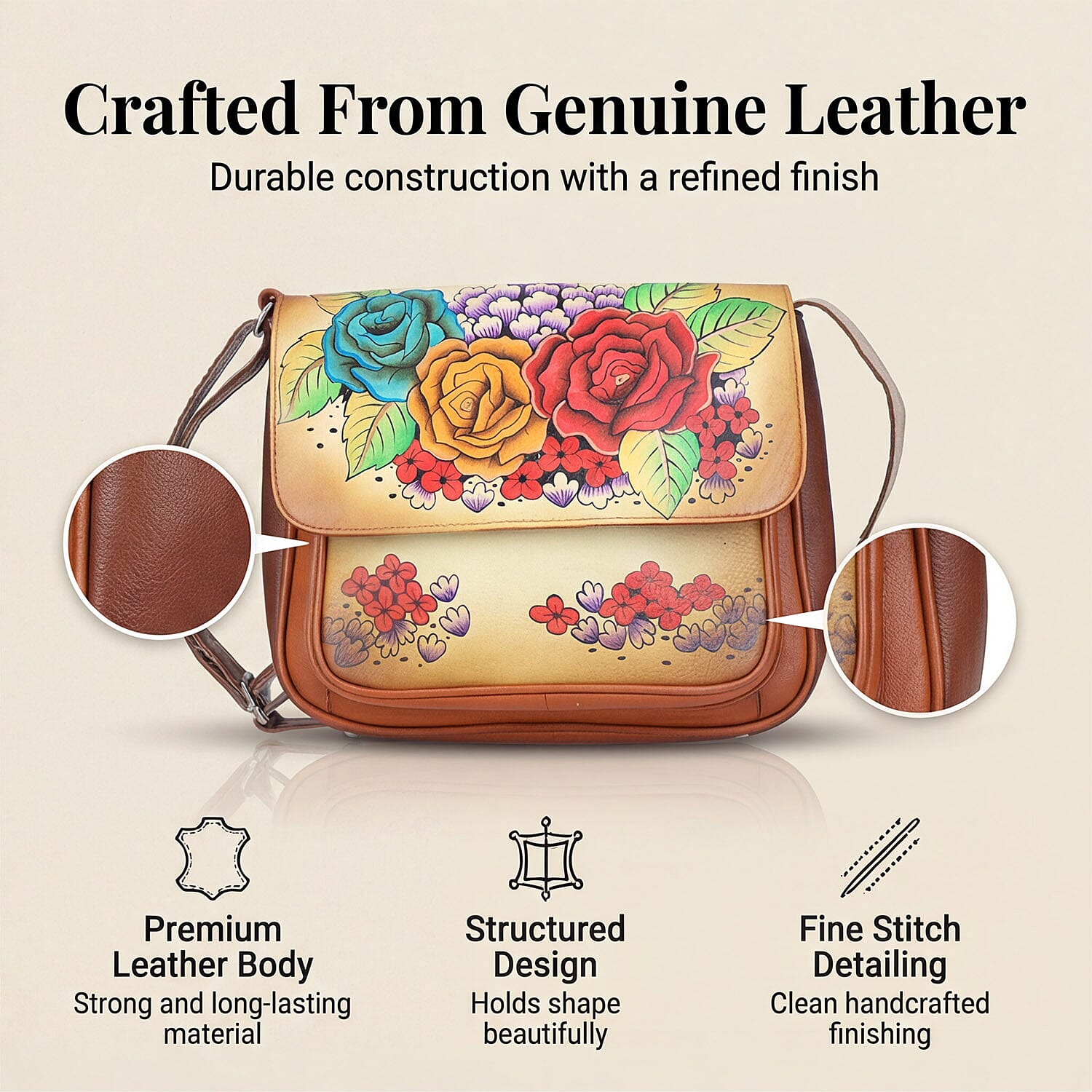 THE HANDCRAFTED LUXURY - Sukriti 100% Genuine Leather Handpainted Shoulder Bag - Tan