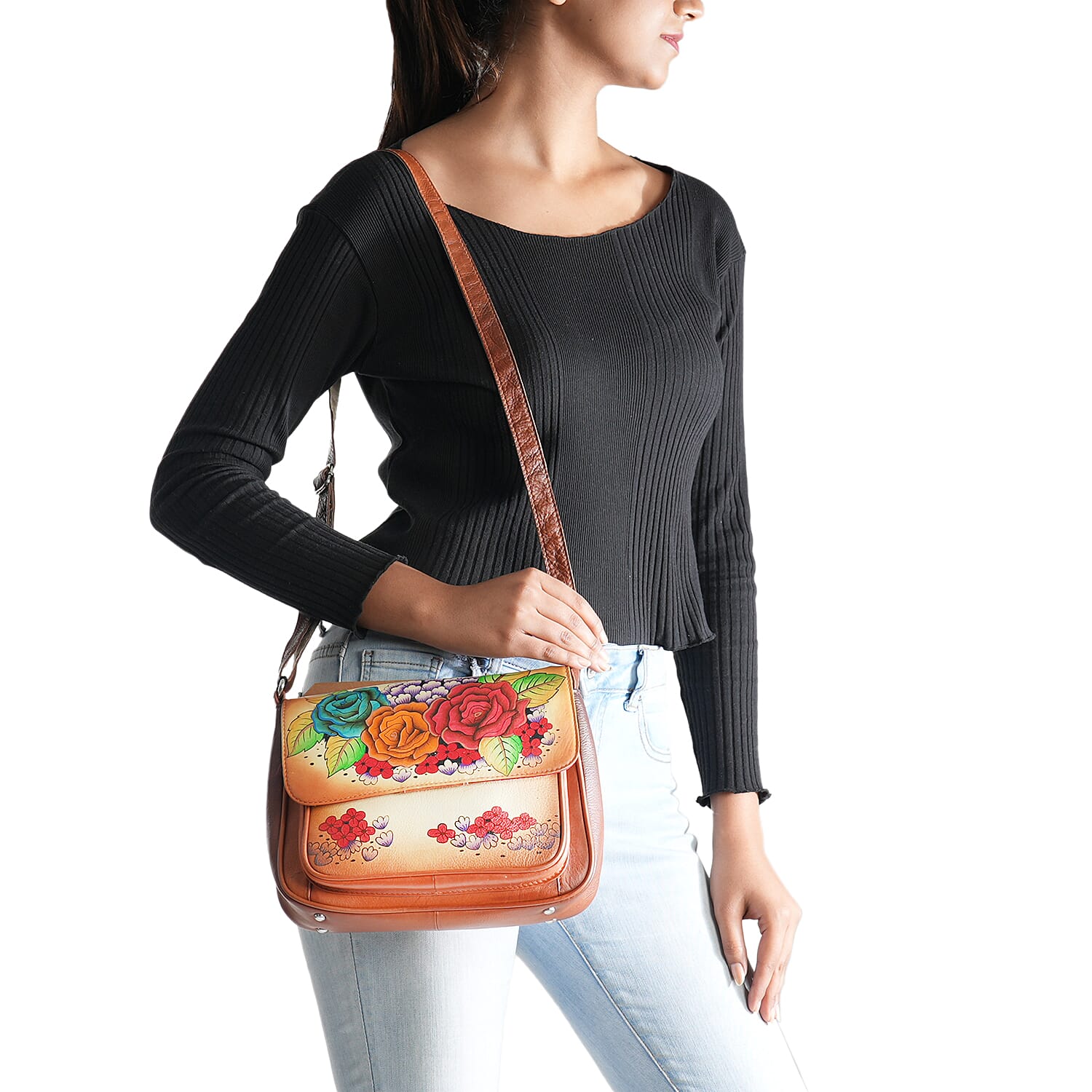 THE HANDCRAFTED LUXURY - Sukriti 100% Genuine Leather Handpainted Shoulder Bag - Tan