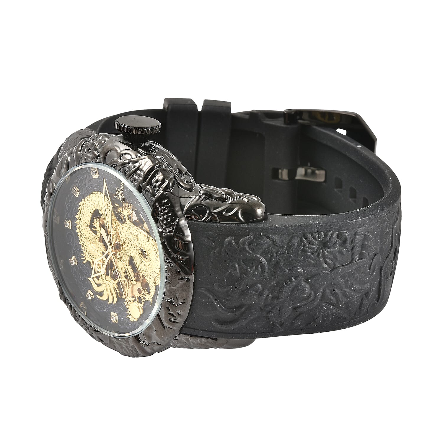 GENOA Automatic Movement Black Dial Dragon Pattern Crystal Studded 3 ATM Water Resistant Watch with Black Silicone Strap