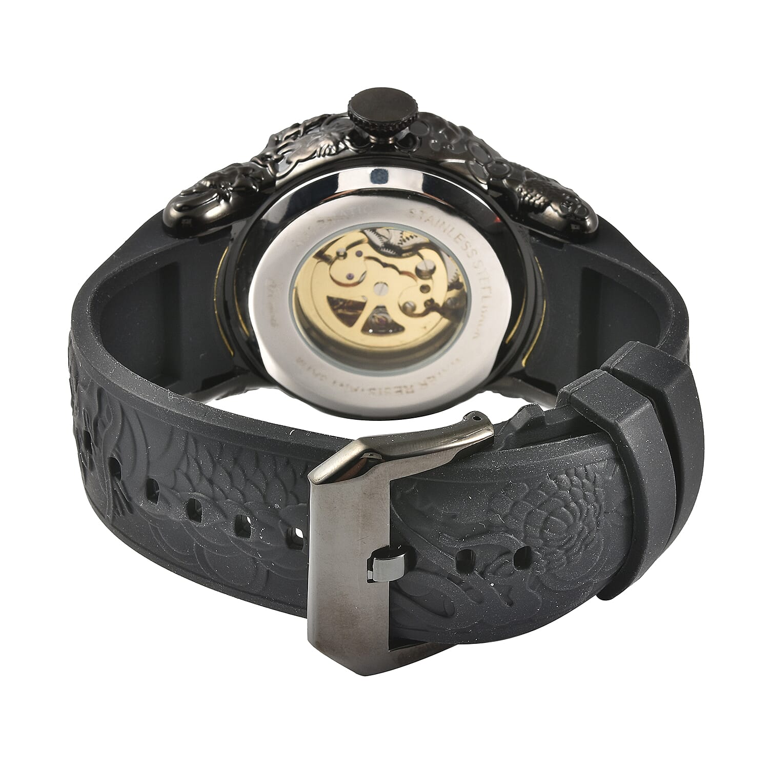 GENOA Automatic Movement Black Dial Dragon Pattern Crystal Studded 3 ATM Water Resistant Watch with Black Silicone Strap