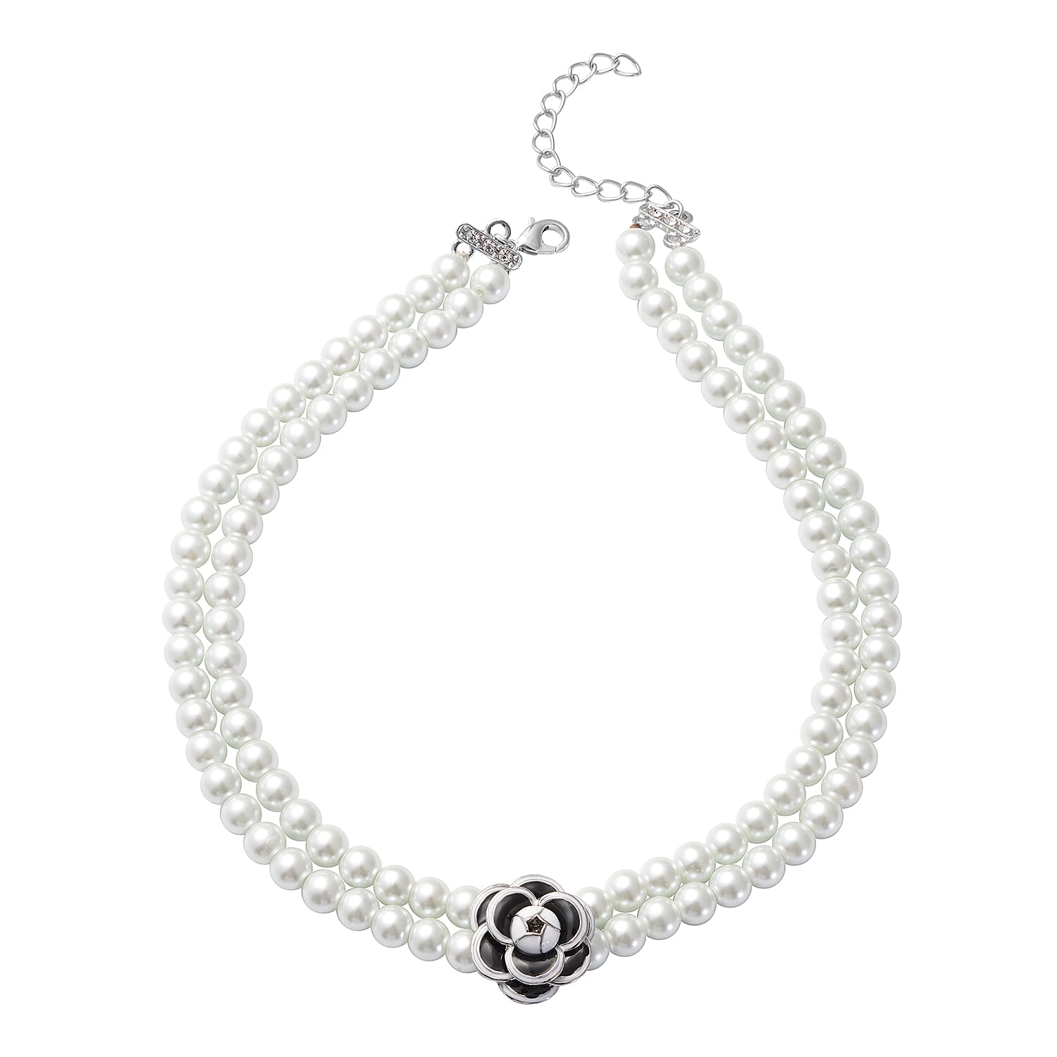 Simulated White Pearl and White Austrian Crystal Necklace (Size 22) in Silver Tone
