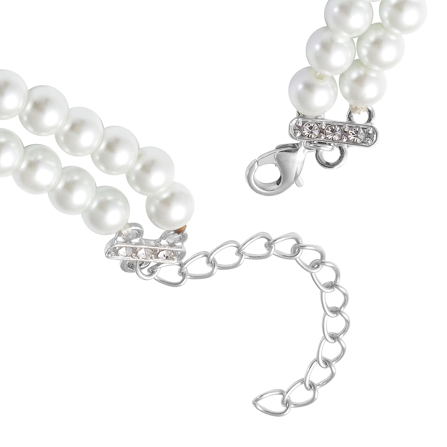 Simulated White Pearl and White Austrian Crystal Necklace (Size 22) in Silver Tone