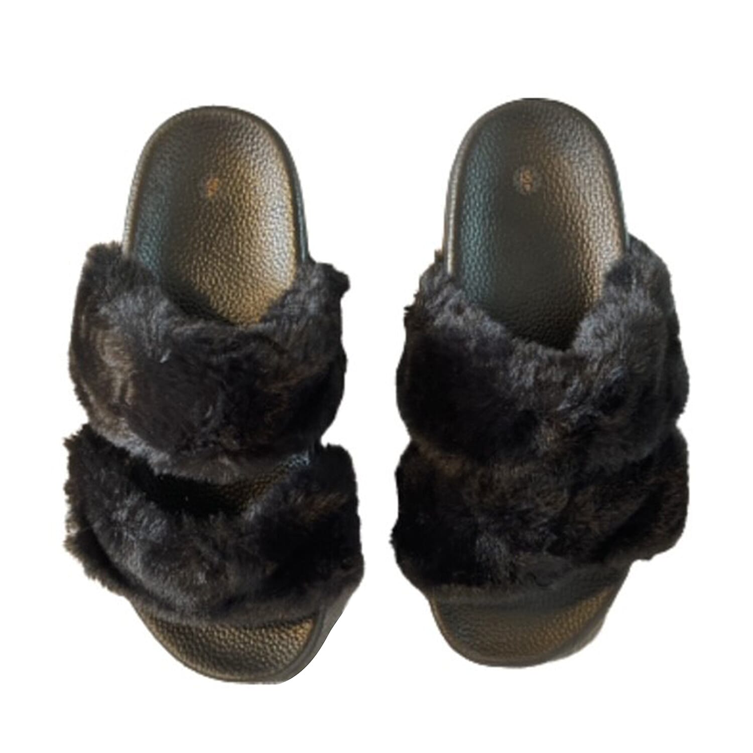 Ladies Summer Faux Fur Slider Slipper - Black