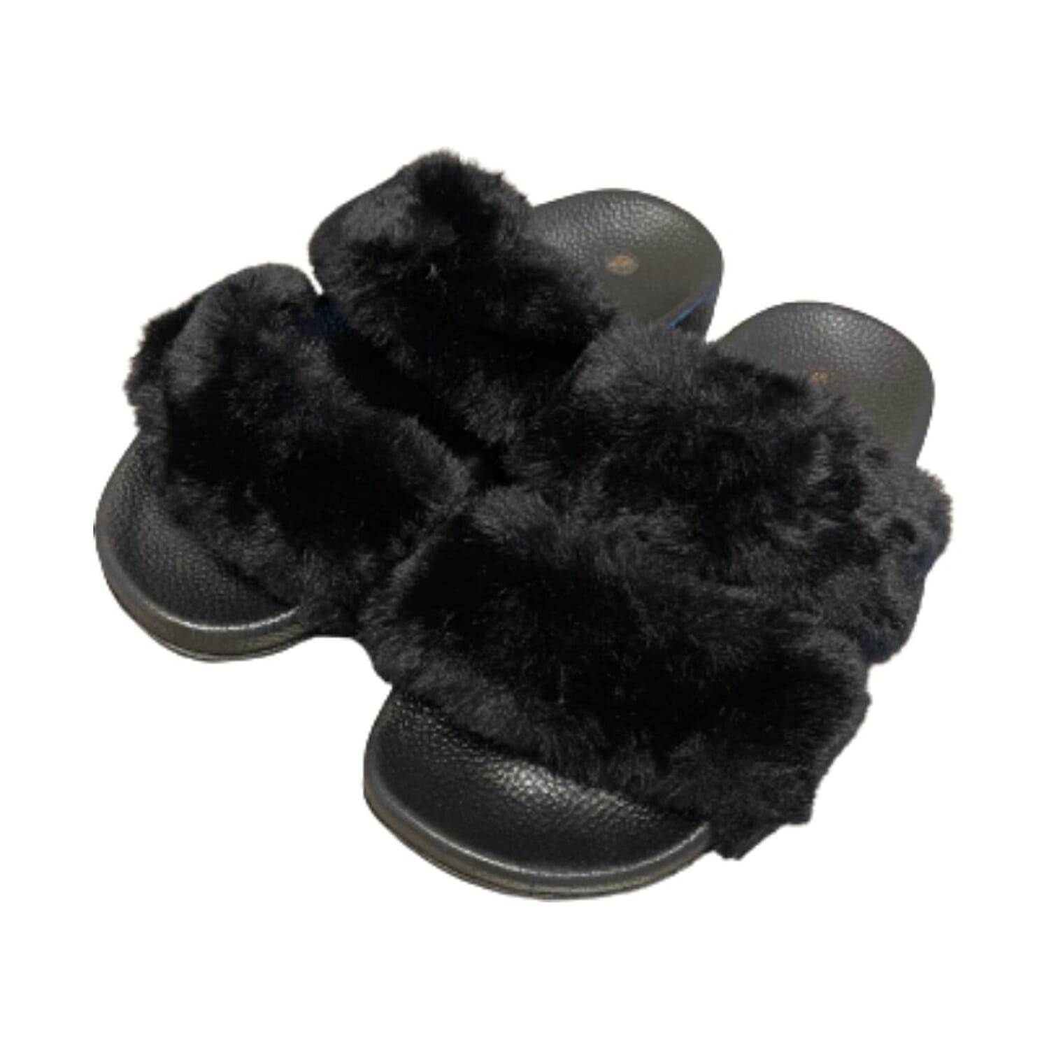 Ladies Summer Faux Fur Slider Slipper - Black