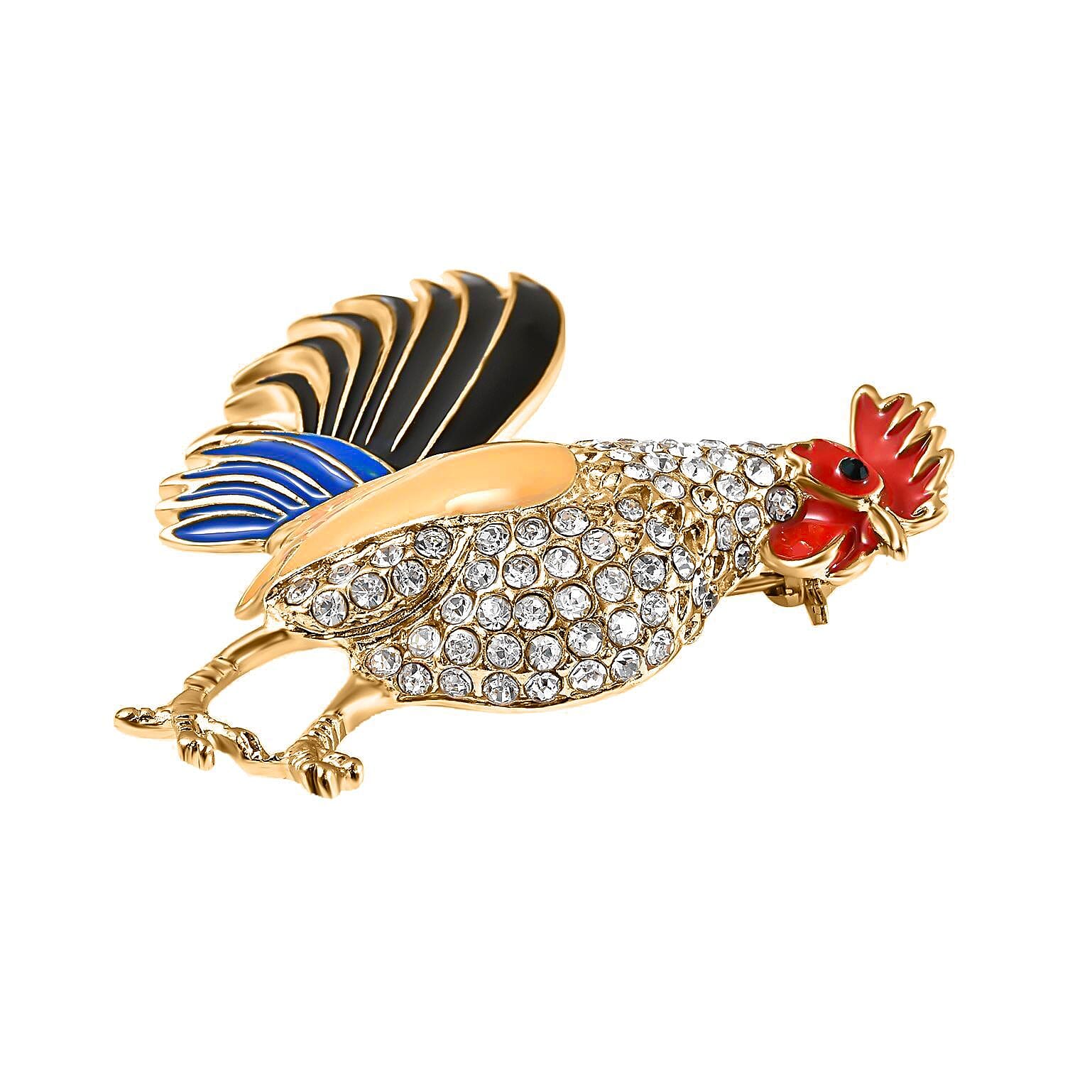 White and Black Austrian Crystal Enamelled Rooster Brooch in Gold Tone