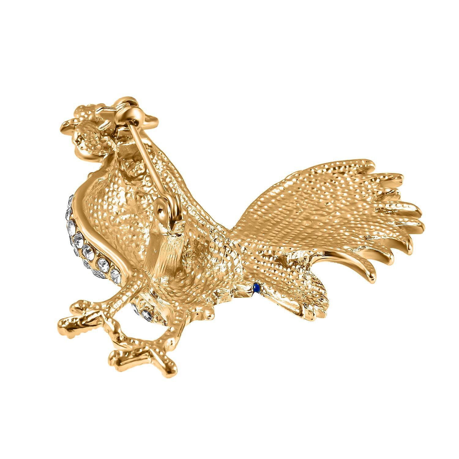White and Black Austrian Crystal Enamelled Rooster Brooch in Gold Tone