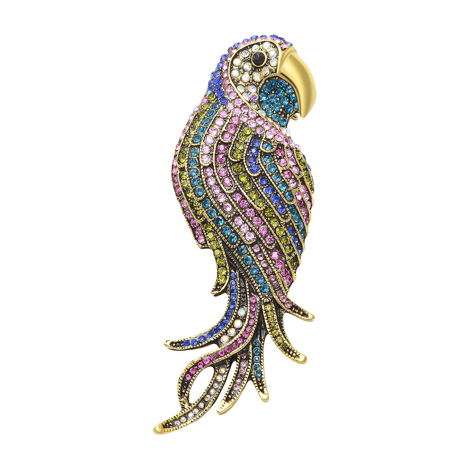 Multi Colour Crystal Parrot Brooch in Yellow Gold Tone