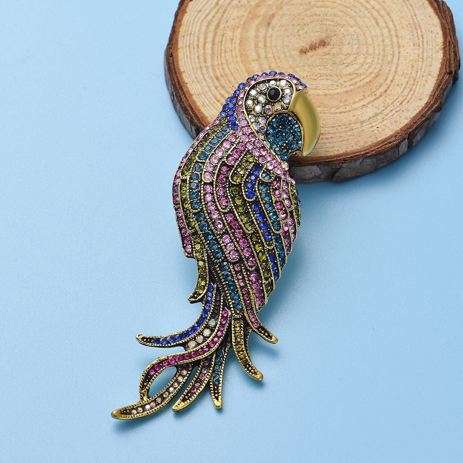 Multi Colour Crystal Parrot Brooch in Yellow Gold Tone