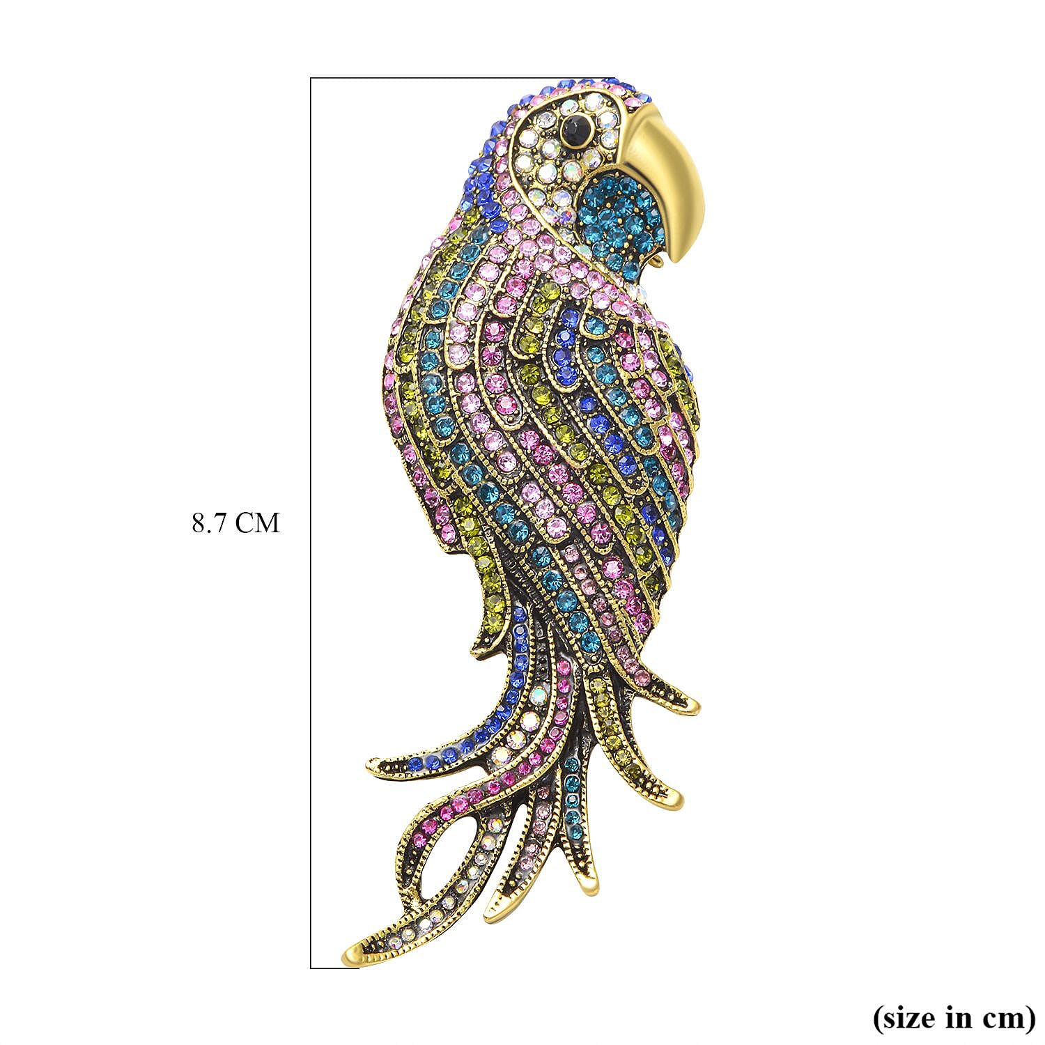 Multi Colour Crystal Parrot Brooch in Yellow Gold Tone