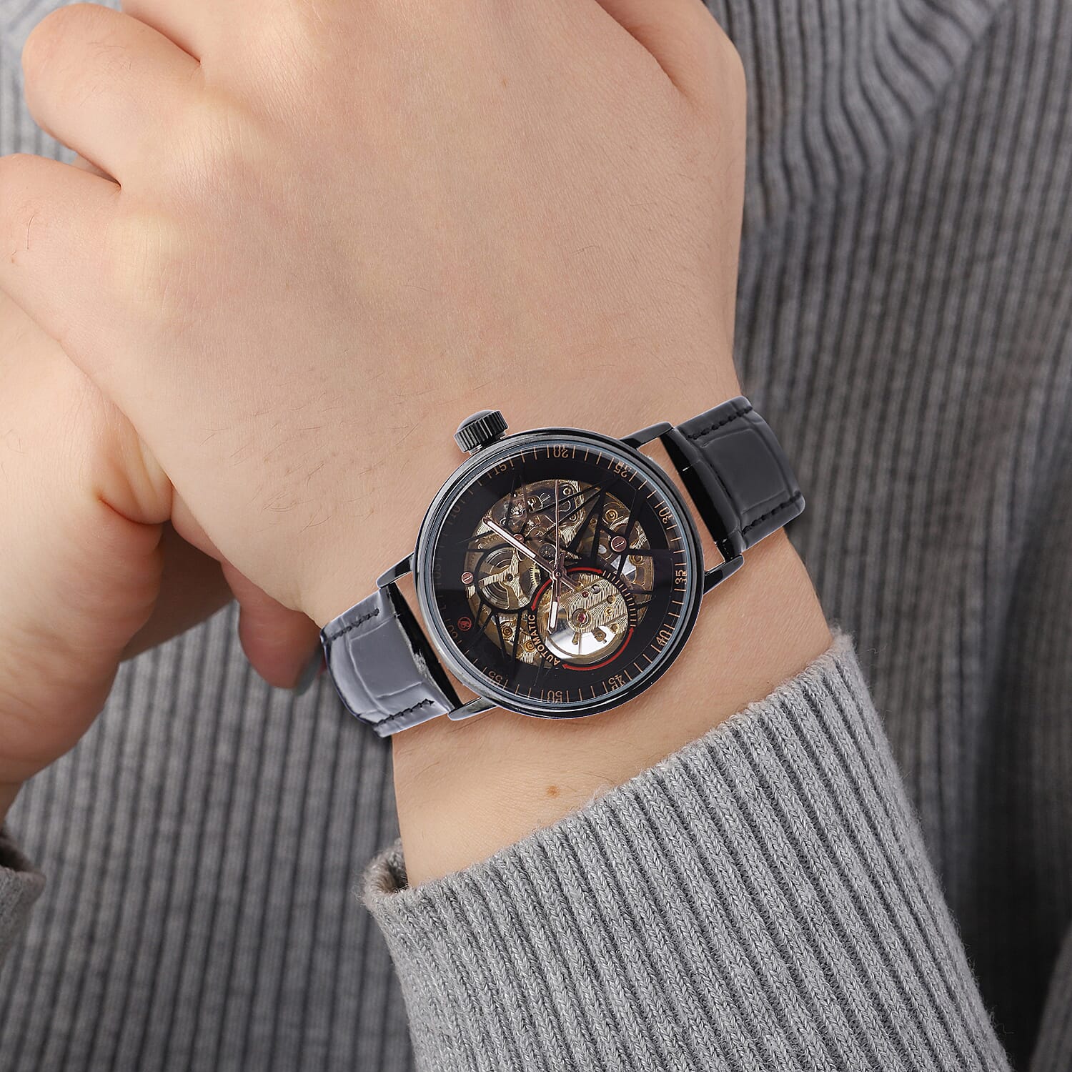 GENOA Automatic Movement Black Dial 3 ATM Water Resistant Watch with Black Colour Genuine Leather