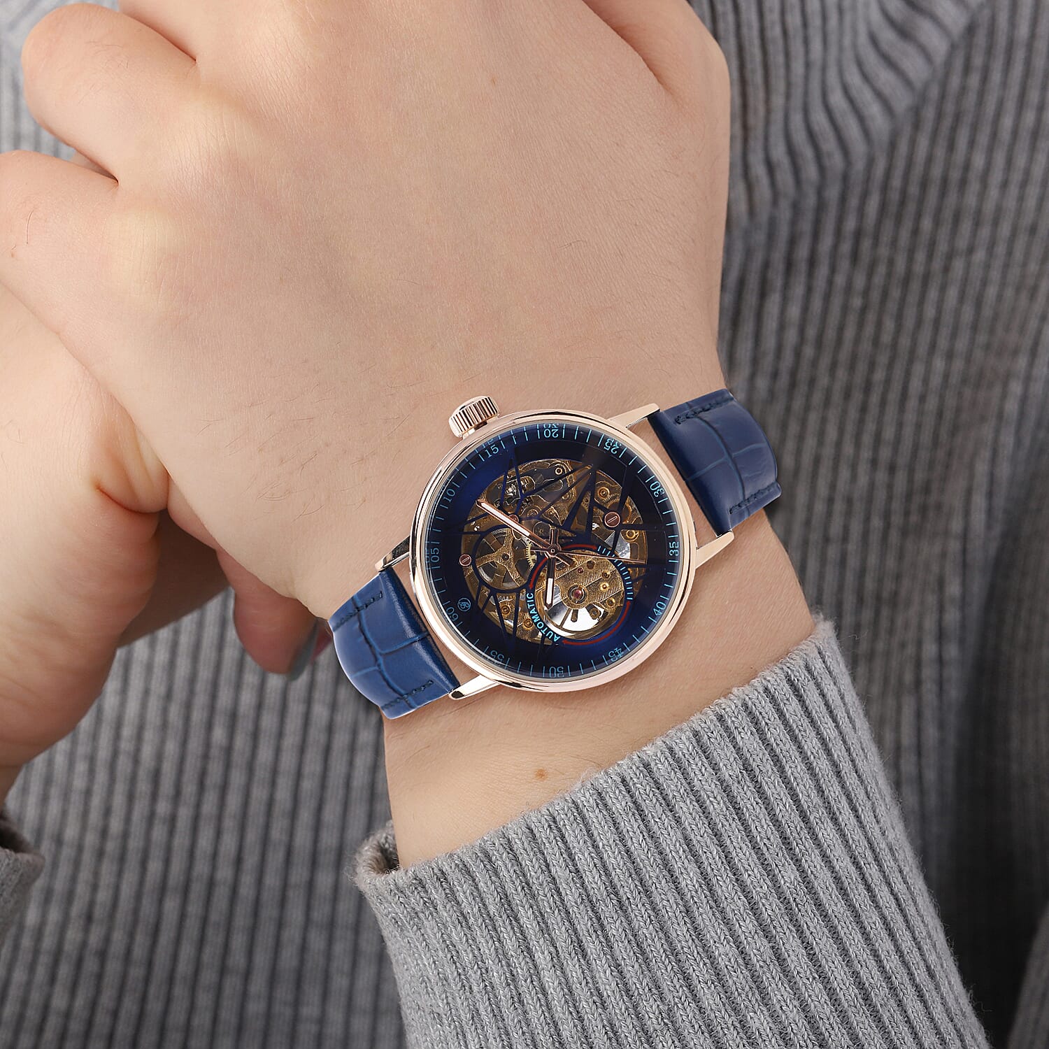 GENOA Automatic Movement Blue Dial 3 ATM Water Resistant Watch with Blue Colour Genuine Leather