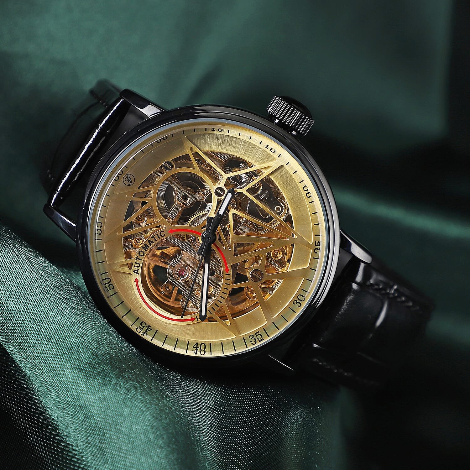 GENOA Automatic Movement Golden Dial 3 ATM Water Resistant Watch with Black Colour Genuine Leather