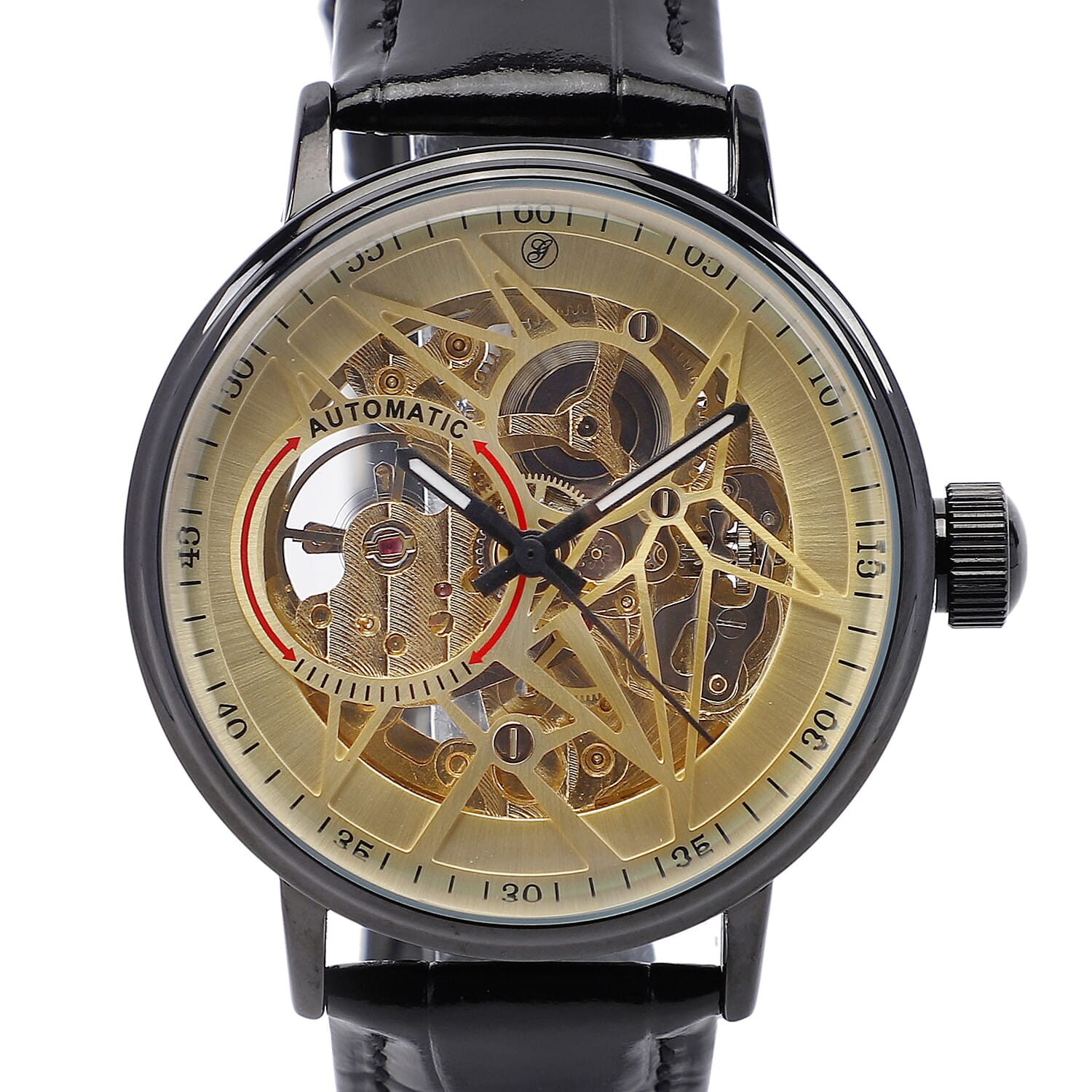 GENOA Automatic Movement Golden Dial 3 ATM Water Resistant Watch with Black Colour Genuine Leather